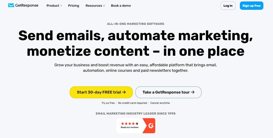 GetResponse email marketing platform showing campaign builder and analytics dashboard
